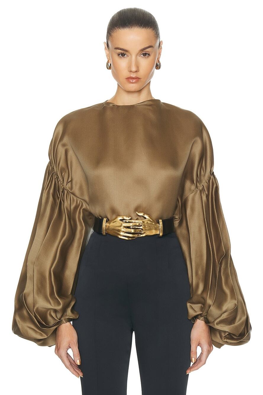Khaite Women's Quince Balloon Sleeve Oversized Silk Blouse Toffee Size 0 NWT